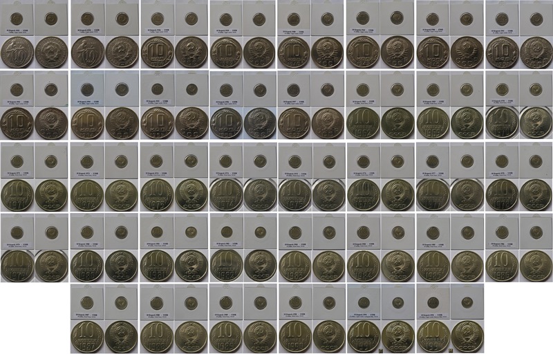  1932-1991, UdSSR, 10 Kopeken, ein Satz mit 38 Stück Münzen   