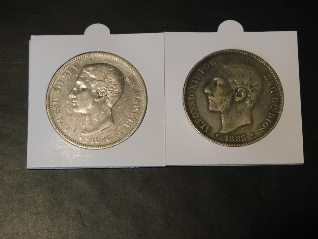 SPAIN 2X 5 PESETAS 1876-1883.GRADE-PLEASE SEE PHOTOS.
