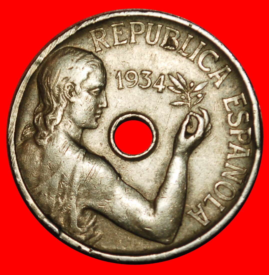 Ⰶ OLIVE: SPAIN ★ 25 CENTIMOS 1934! SECOND REPUBLIC (1931-1939) LOW START ★ NO RESERVE!