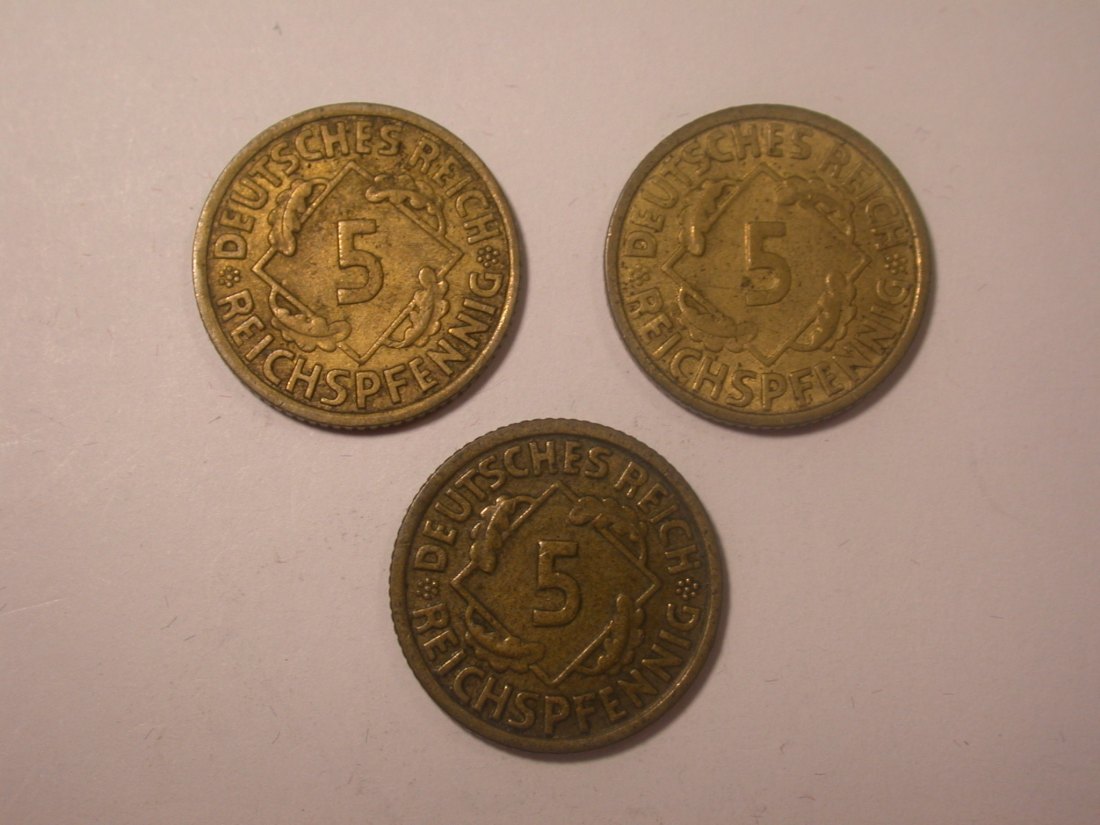 I15 Weimar 3 x 5 Reichspfennig 1935 A, 1936 A und D Originalbilder