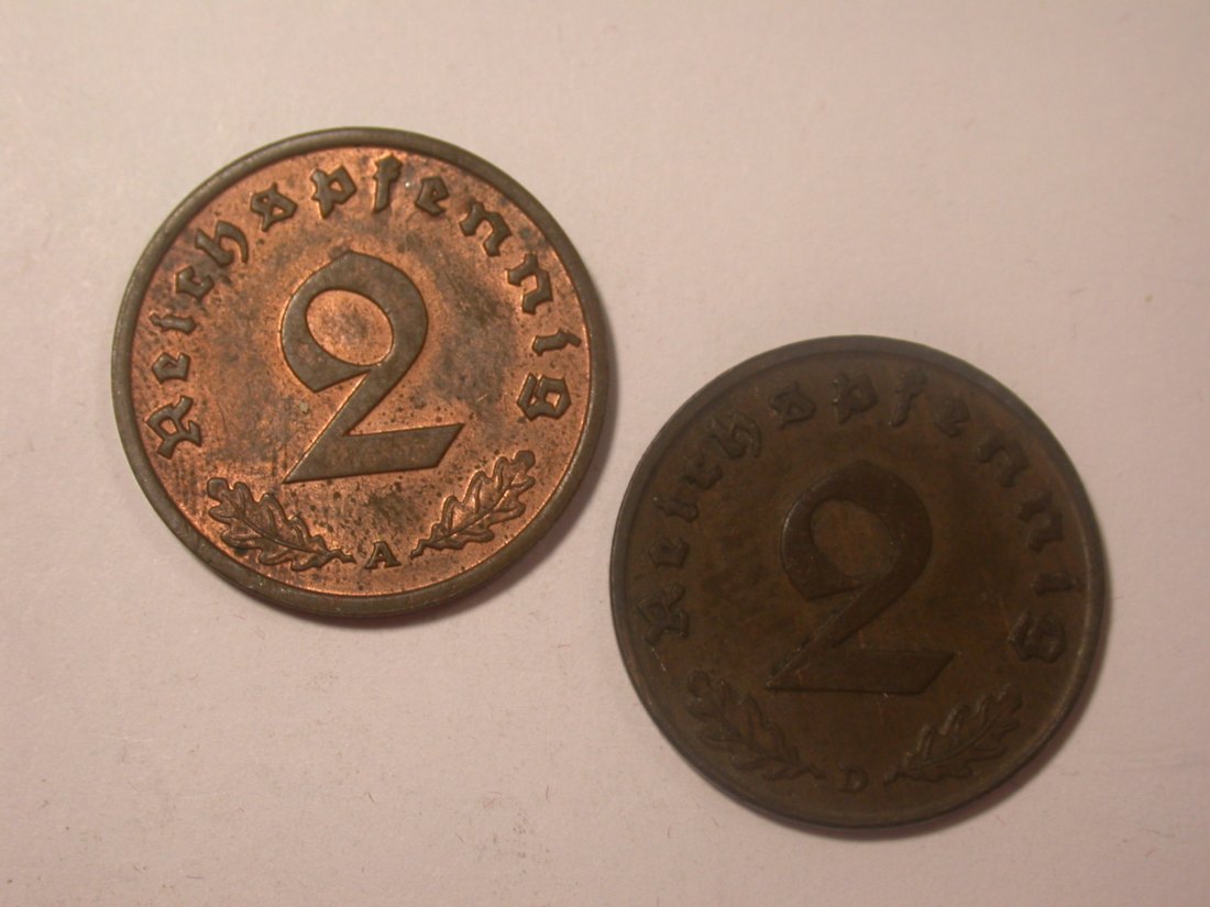 I15 3.Reich 2 Pfennig 1937 A und D 2 Münzen Originalbilder