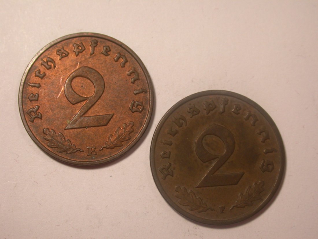 I15 3.Reich 2 Pfennig 1937 E und F 2 Münzen Originalbilder