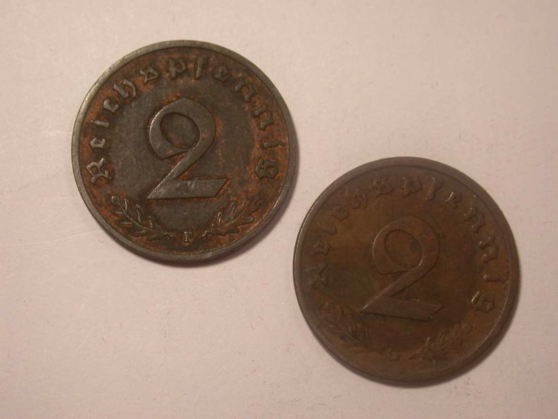 I15 3.Reich 2 Pfennig 1938 F und G 2 Münzen Originalbilder