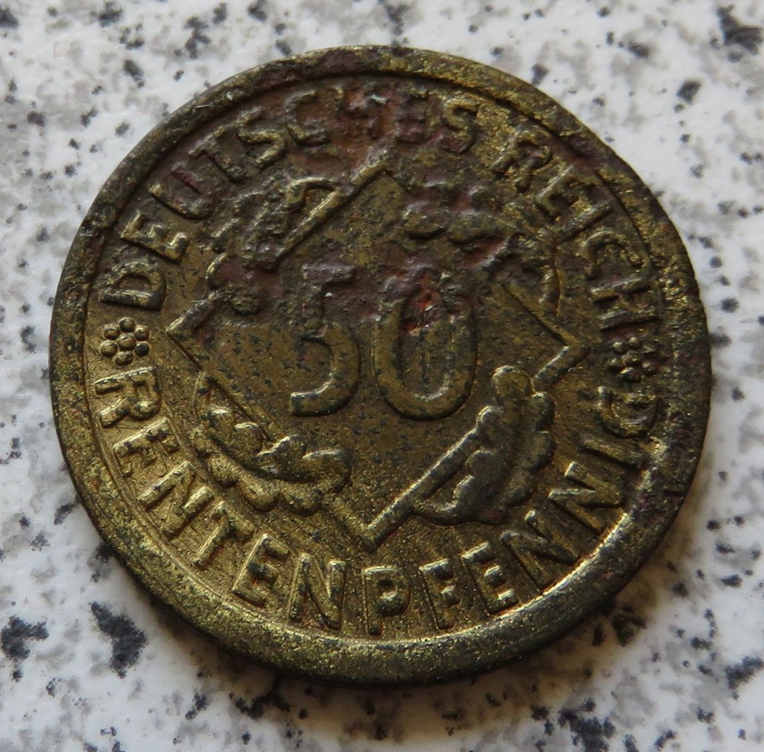  Weimarer Republik 50 Rentenpfennig 1924 F, Belegstück   