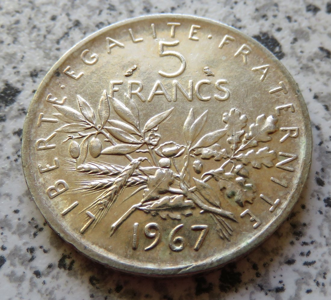  Frankreich 5 Francs 1967, besseres Jahr, 12 Gramm 835-er Silber   