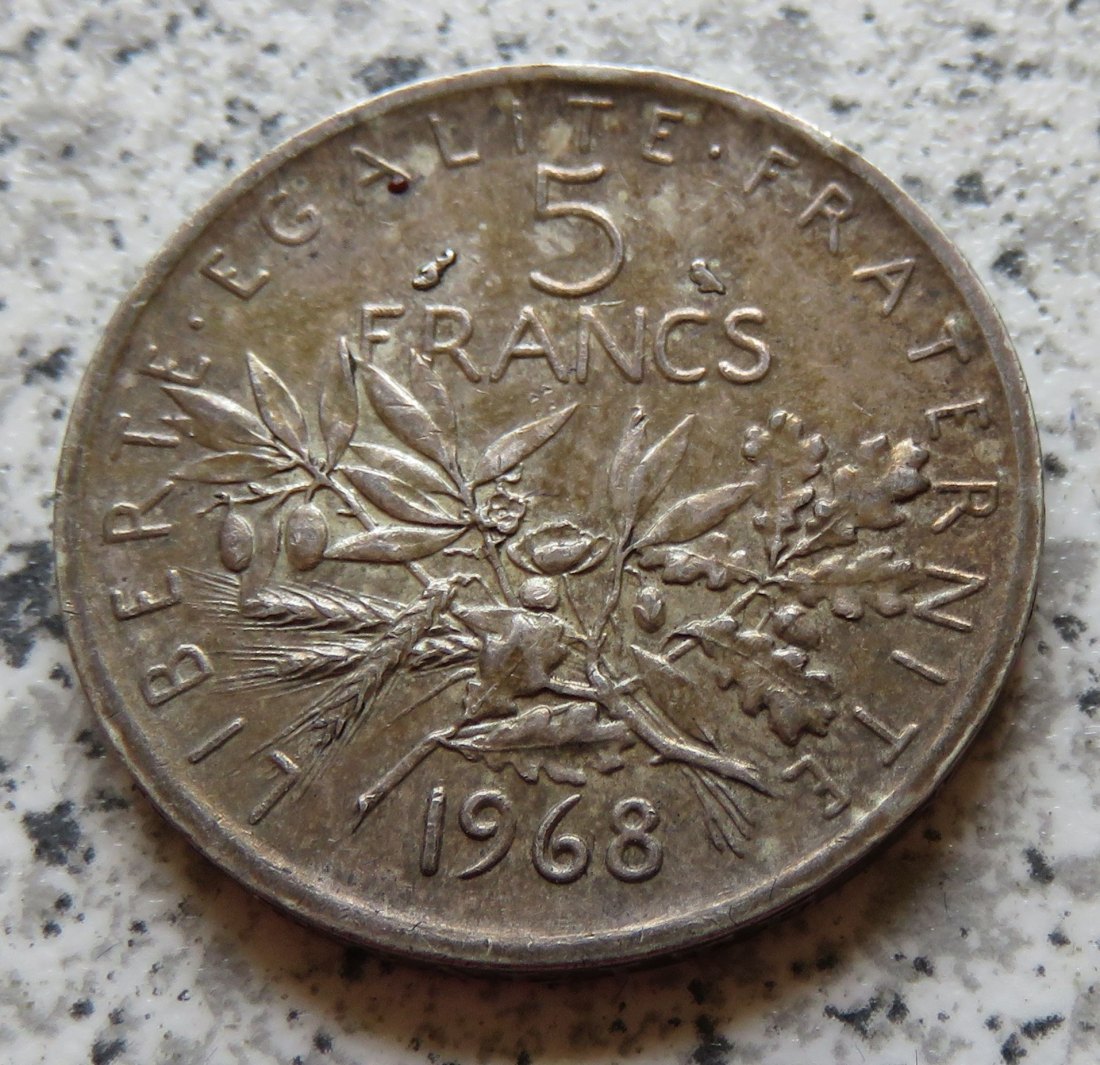  Frankreich 5 Francs 1968, besseres Jahr, 12 Gramm 835-er Silber   