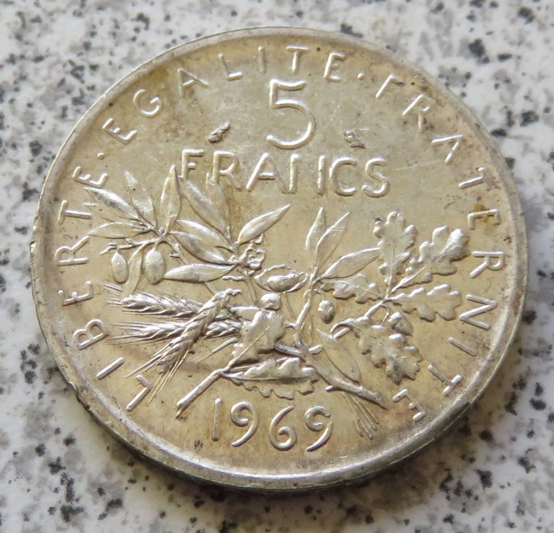  Frankreich 5 Francs 1969, besseres Jahr, 12 Gramm 835-er Silber   