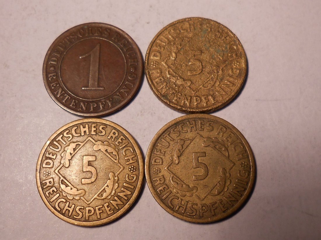  M.211. Weimarer Rep.4er Lot, 1 Rentenpf.1924 A, 5 Rentenpf.1924 J, 5 Reichspf. 1924 A + 1935 A   