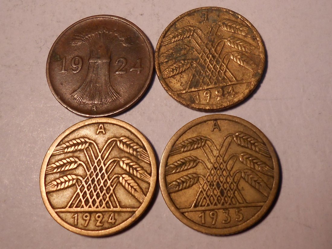  M.211. Weimarer Rep.4er Lot, 1 Rentenpf.1924 A, 5 Rentenpf.1924 J, 5 Reichspf. 1924 A + 1935 A   