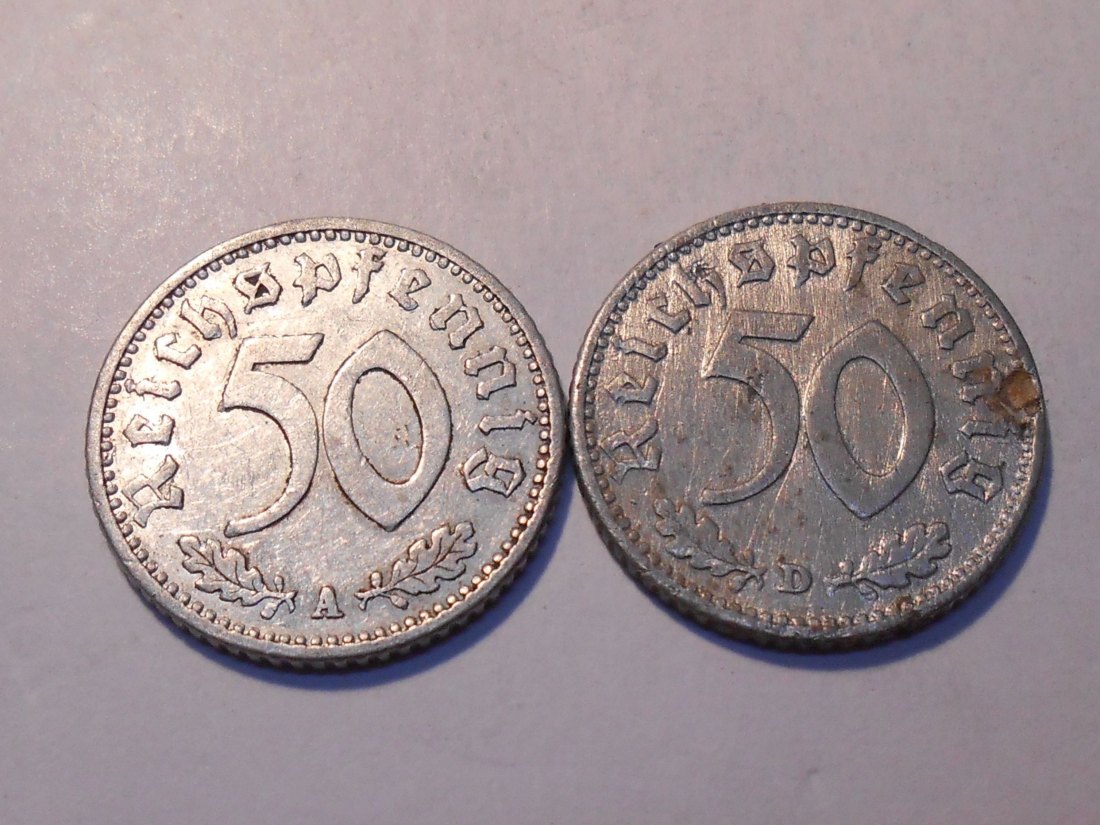  M.225. Drittes Reich 2er Lot, 50 Pfennig (Jäger 368) 1935 A und 1935 D   