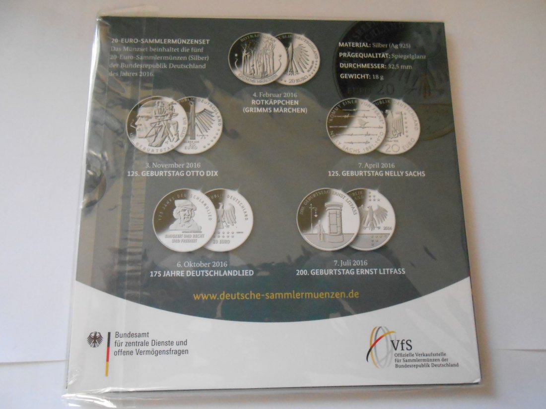  20 Euro Silber PP , Original VfS Blister / Folder , 2016   