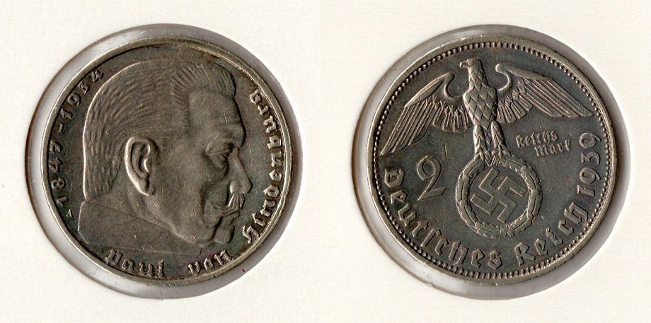  III. Reich 2 Reichsmark 1939 -A- Hindenburg HK* Jaeger 366. vz Silber   