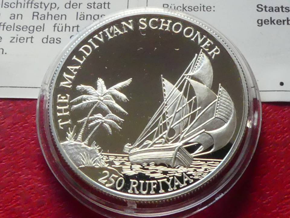  Silbermünze Malediven 250 Rufiyaa 1990 „Geschichte der Seefahrt“   