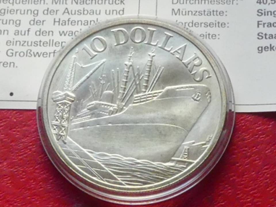  Silbermünze Singapur 10 Dollars 1977 „Frachtschiff“, 31,1 Gramm. mit Zertifikat   