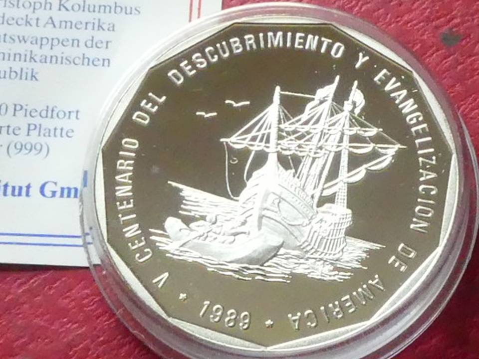  Silbermünze Dom. Rep. 1 Peso 1988 „Kolumbusflotte“  1 Unze Feinsilber   