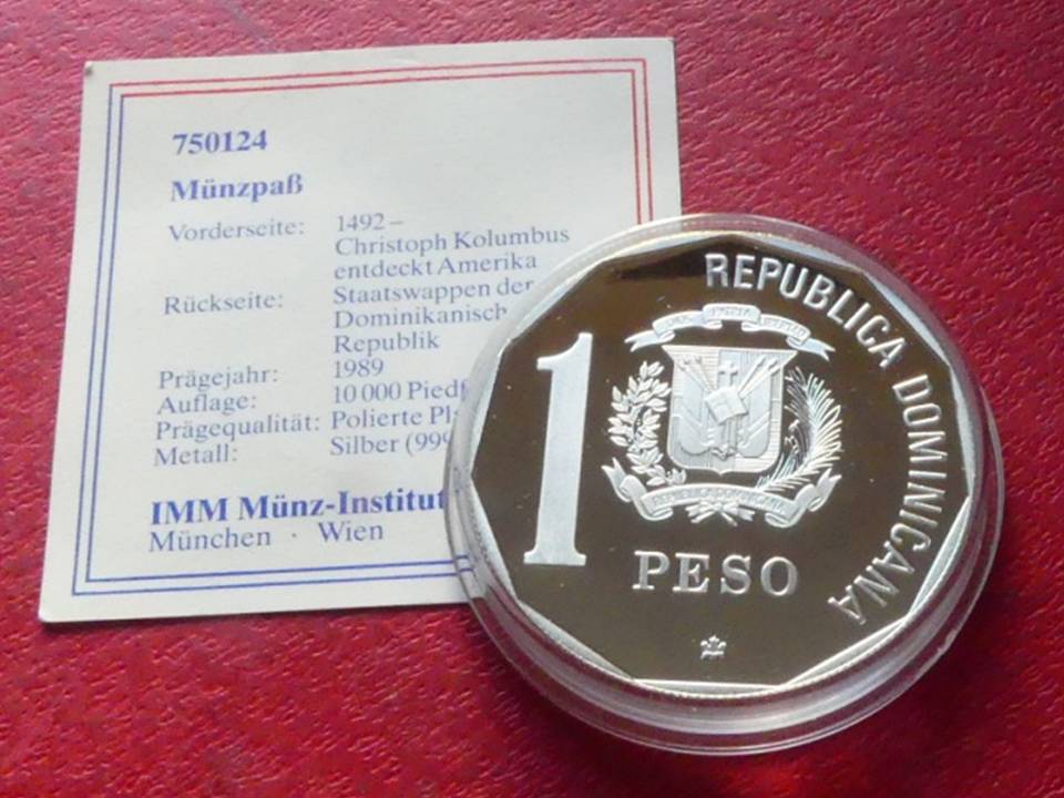  Silbermünze Dom. Rep. 1 Peso 1988 „Kolumbusflotte“  1 Unze Feinsilber   