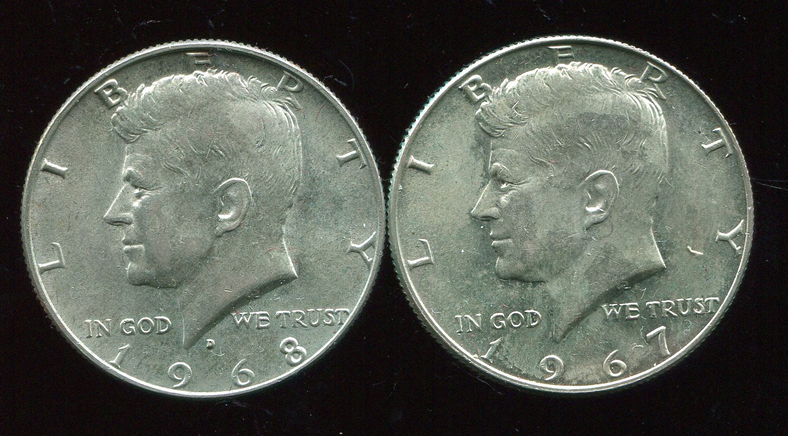 USA 2 Silbermünzen von 1967 + 1968 fast Stempelglanz