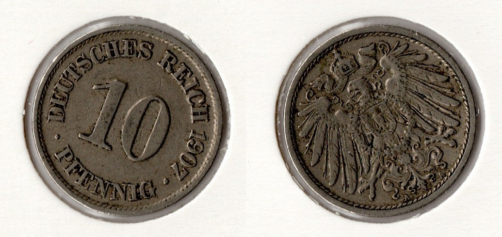  Kaiserreich 10 Pfennig 1907 -A- Jaeger 13. ss-vz   