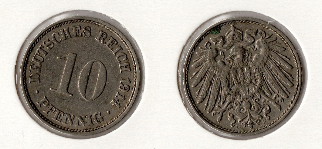  Kaiserreich 10 Pfennig 1914 -F- Jaeger 13. ss-vz   