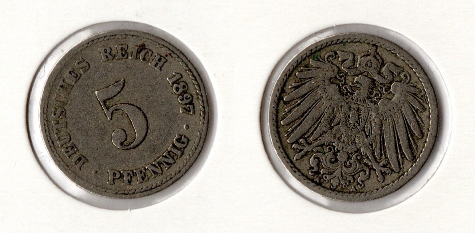  Kaiserreich 5 Pfennig 1897 -A- Jaeger 12. sehr schön   