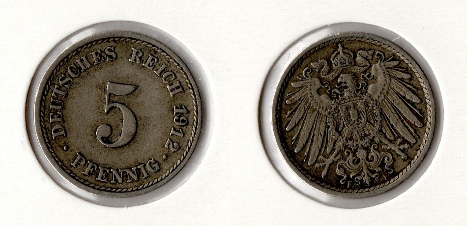  Kaiserreich 5 Pfennig 1912 -F- Jaeger 12. ss-vz   