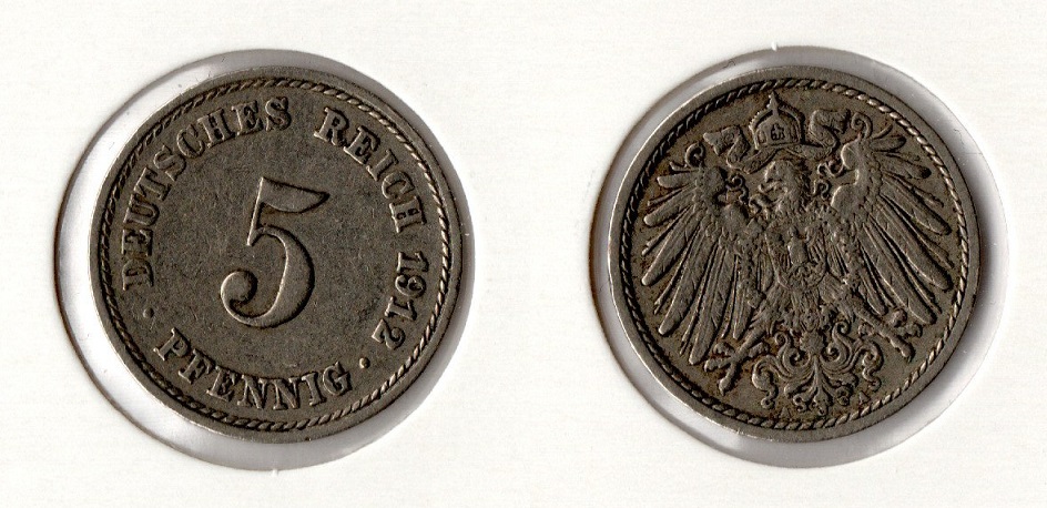  Kaiserreich 5 Pfennig 1912 -A- Jaeger 12. ss-vz   