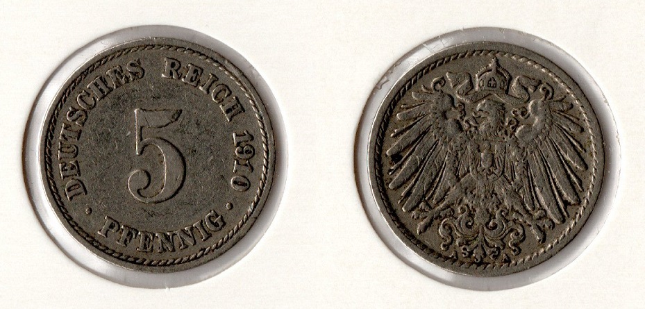  Kaiserreich 5 Pfennig 1910 -A- Jaeger 12. ss-vz   