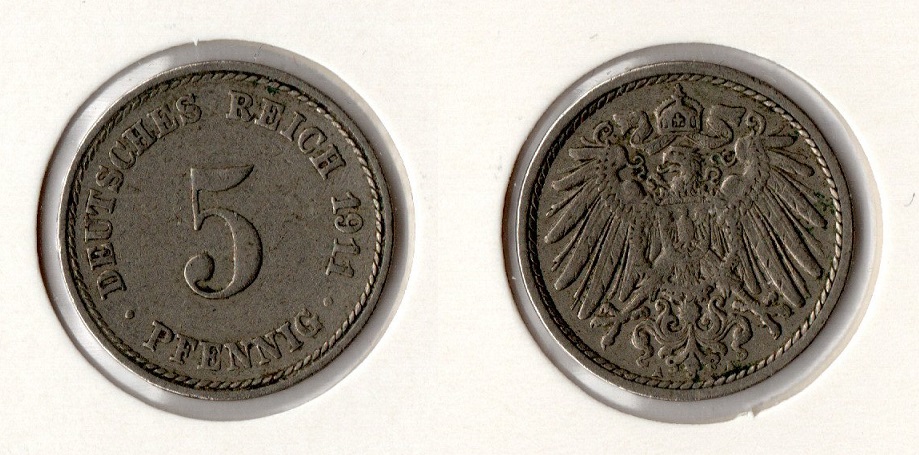  Kaiserreich 5 Pfennig 1911 -A- Jaeger 12. sehr schön   