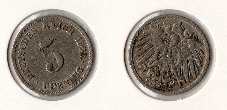  Kaiserreich 5 Pfennig 1902 -D- Jaeger 12. ss-vz   