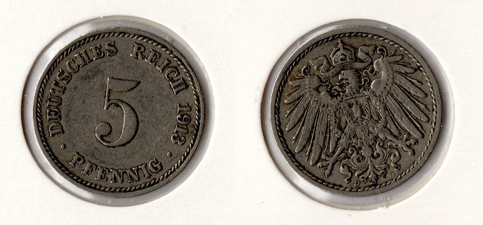  Kaiserreich 5 Pfennig 1913 -D- Jaeger 12. ss-vz   