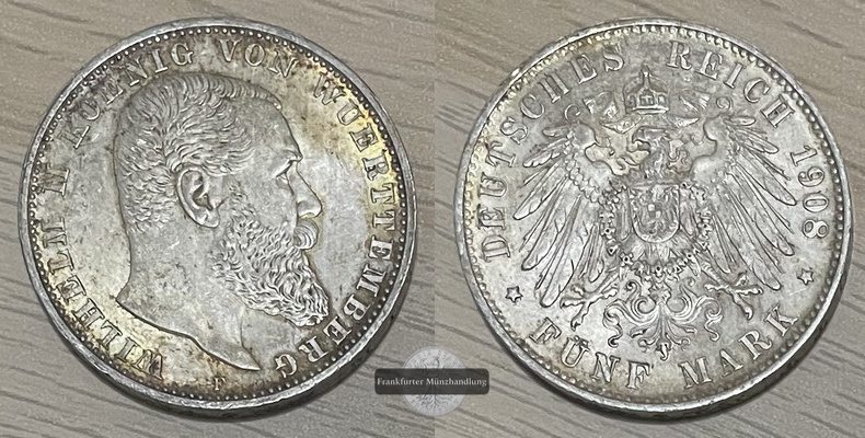  Deutsches Kaiserreich. Württemberg, Karl. 5 Mark 1908 F  FM-Frankfurt    Feinsilber: 25g   