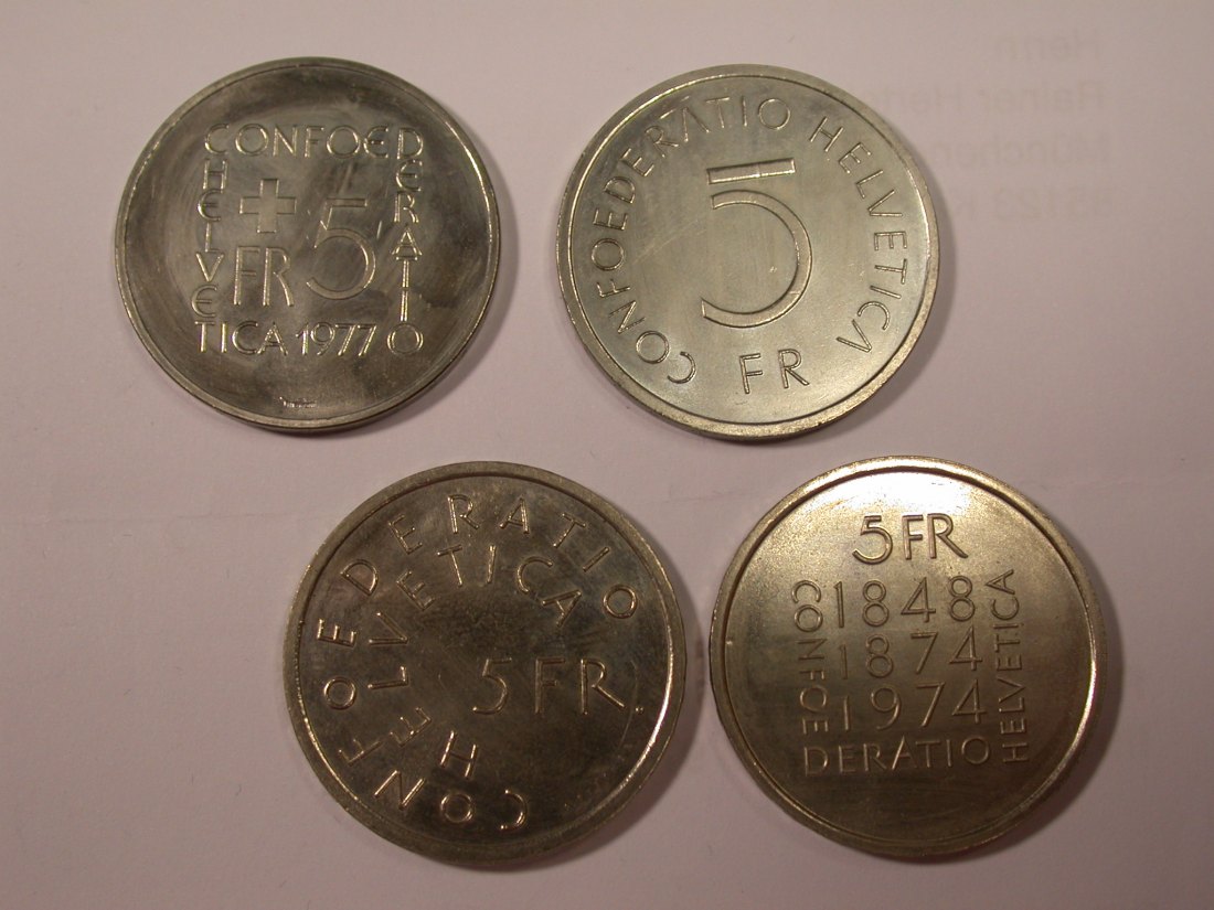  I18  Schweiz  4 x Franken 1974-1977 in f.st/St angelaufen Originalbilder   