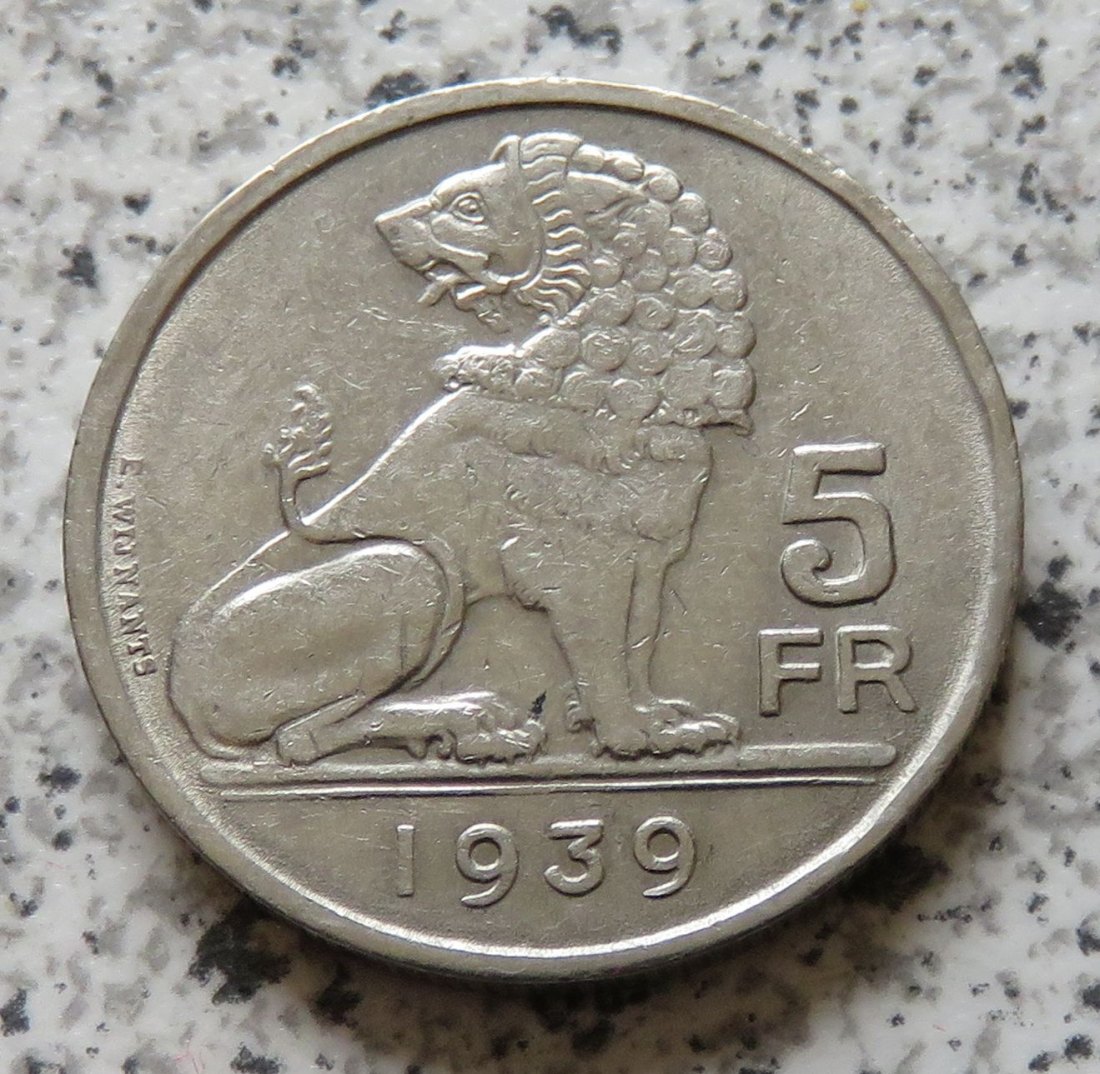 Belgien 5 Francs 1939, flämisch, Randschrift mit Stern   