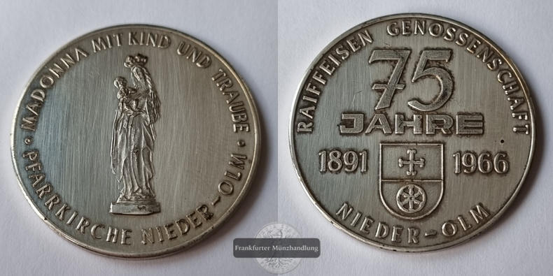  Deutschland 1966 Silbermedaille 75 Jahre der Reiffeisen Genossenschaft Nieder-Olm FM-Frankfurt   