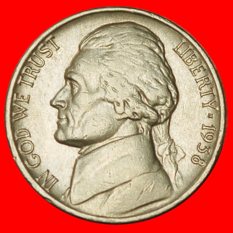 Ⰶ MONTICELLO (1938-2003): USA ★ 5 CENTS 1938! JEFFERSON (1801-1809)★LOW START★ NO RESERVE!   