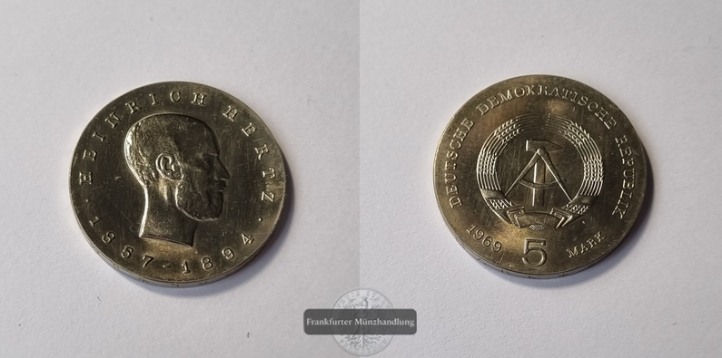  DDR, 5 Mark 1969 75. Todestag von Heinrich Hertz FM-Frankfurt CuNiZn   