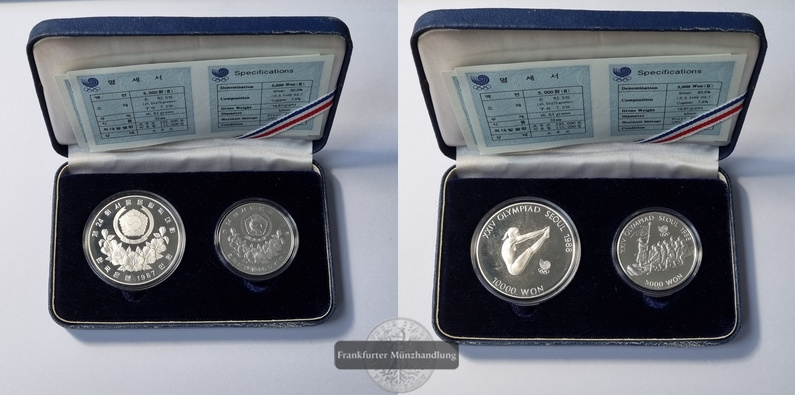  Südkorea, 10 000 Won & 5 000 Won Set Olympische Spiele 1988 FM-Frankfurt Feinsilber: 46,63g   