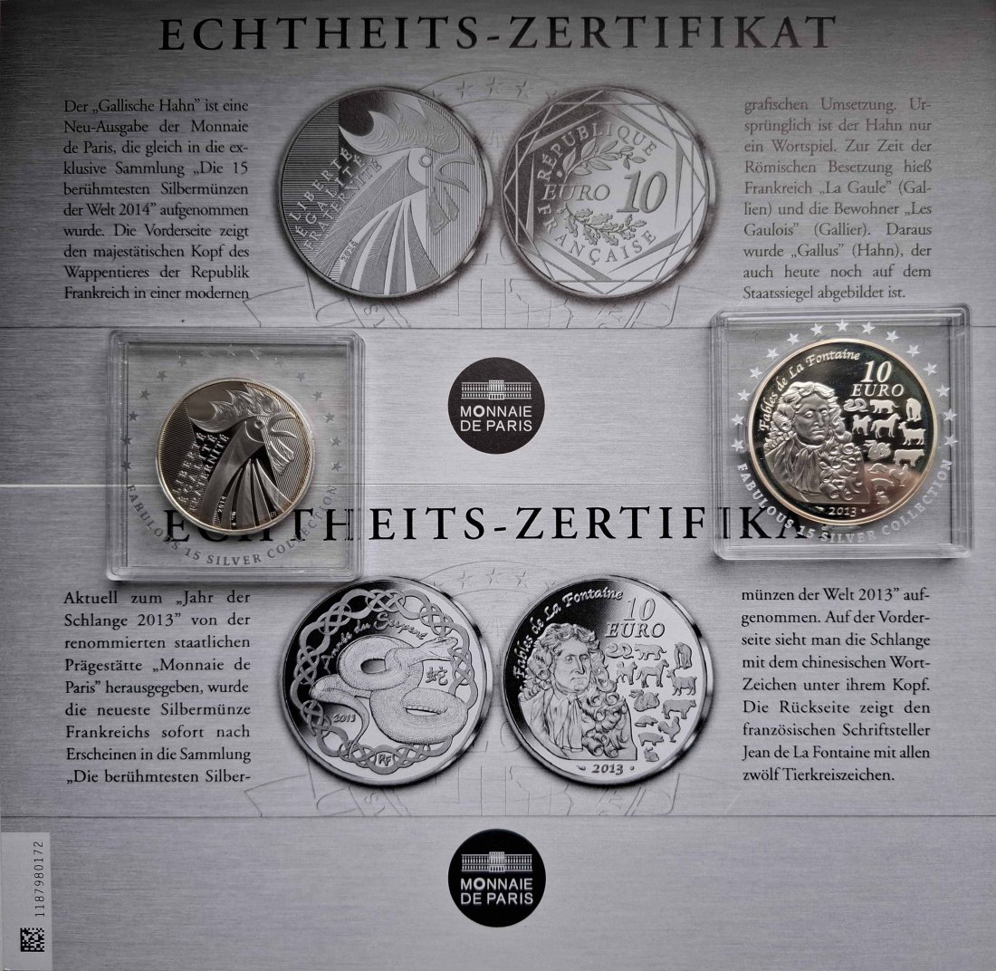 Frankreich 2x 10 Euro 2013/2014 Fontaine Jahr der Schlange/Hahn Silber