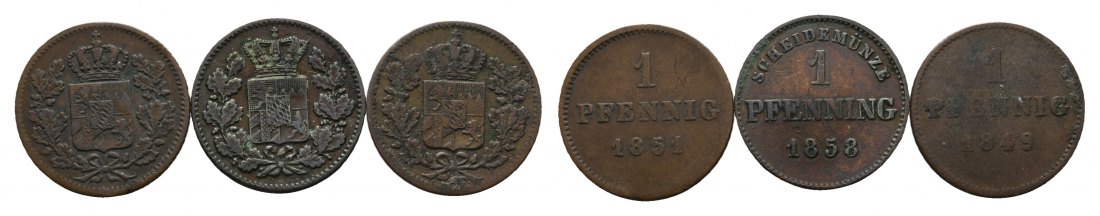  Altdeutschland; Bayern; 3 Kleinmünzen 1851 / 1858 /1849   