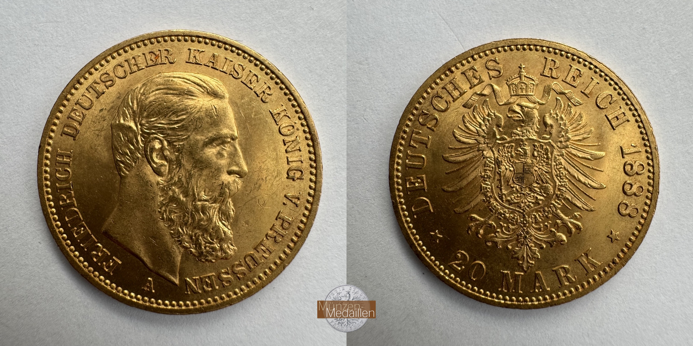 Dt. Kaiserreich. Preußen, Friedrich III. MM-Frankfurt Feingold: 7,17g 20 Mark 1888 A 