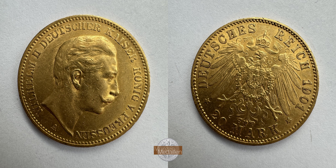 Dt. Kaiserreich Preussen, Wilhelm II. MM-Frankfurt Feingold: 7,17g 20 Mark 1901 A 