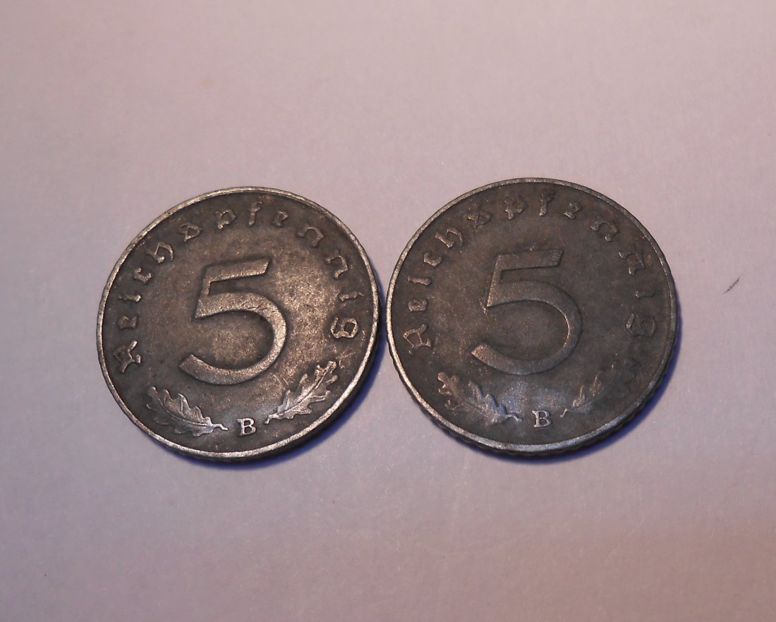  M.509 / Drittes Reich, 2er Lot, 5 Reichspfennig mit HK (Jäger 370), 1940 B und 1941 B   