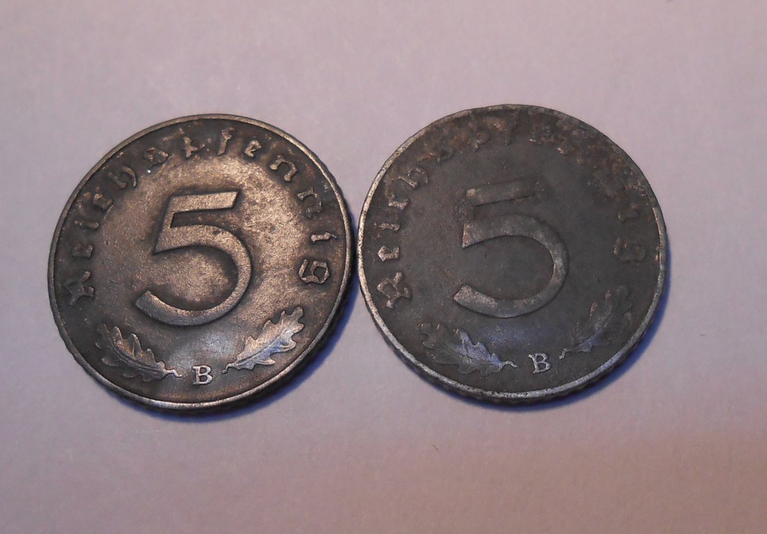  M.510 / Drittes Reich, 2er Lot, 5 Reichspfennig mit HK (Jäger 370), 1940 B und 1941 B   