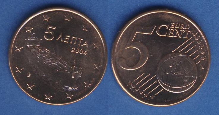  Griechenland 5 Cent 2004 bankfrisch aus der Rolle entnommen Auflage nur 250 000 Stück RAR.   