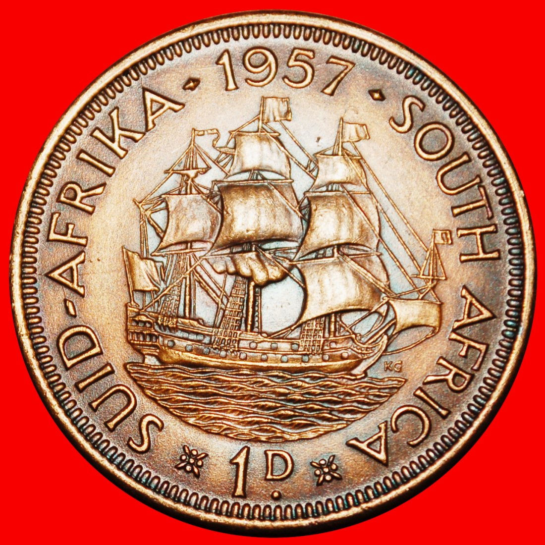  Ⰶ ELISABETH II. (1953-2022): SÜDAFRIKA ★ 1 PENNY 1957 SCHIFF (1953-1960)!★OHNE VORBEHALT!   