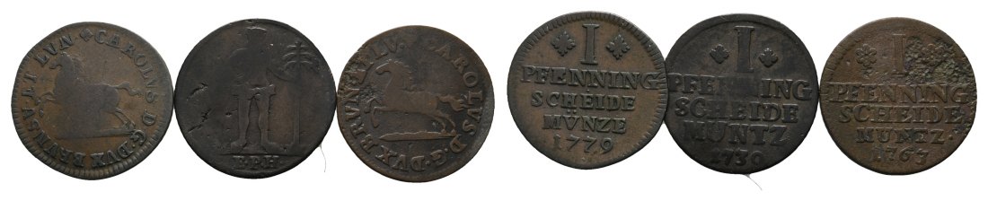  Altdeutschland; Braunschweig; 3 Kleinmünzen 1779 / 1730 / 1763   