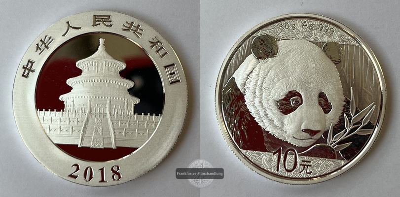  China 10 Yuan  2018  Panda KM#2410 FM-Frankfurt  Feinsilber: 29,97g   