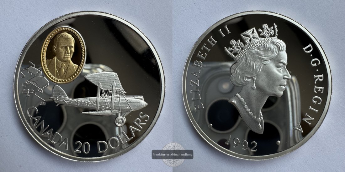  Kanada - 20 Dollar 1992 de Havilland Gypsy Moth FM-Frankfurt KM#225 Feinsilber: 28,78g   