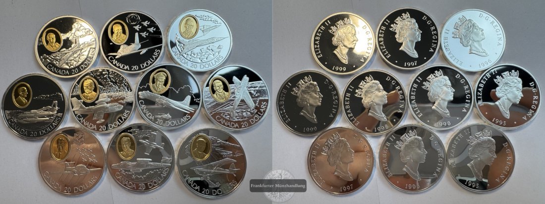  Kanada - Sammlung 10x 20 Dollar div. Jahre FM-Frankfurt Feinsilber: 287,8g   