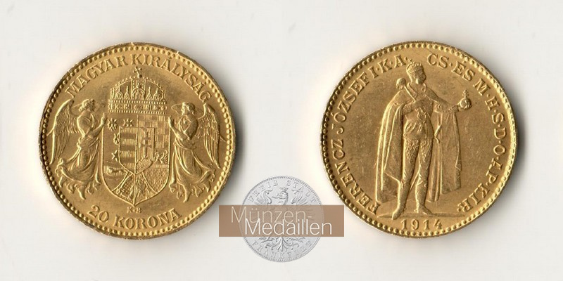 Ungarn, Franz Joseph I. 1848-1916. MM-Frankfurt Feingewicht 6,10g 20 Kronen 1914 KB 